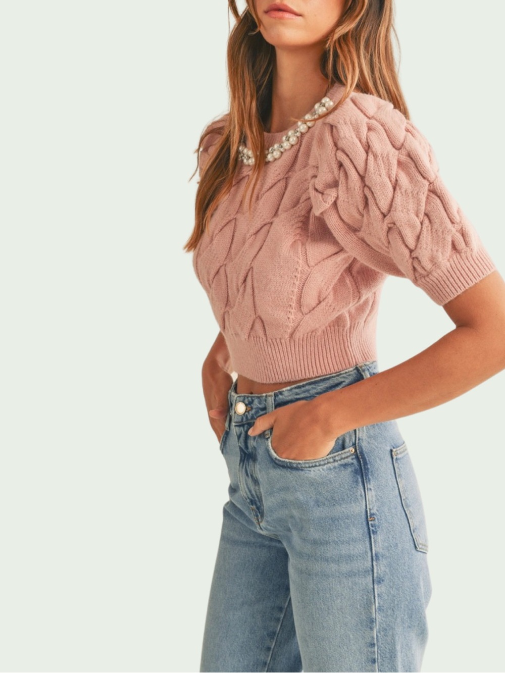 MABLE Blush Pearl Rhinestone Cable Knit Puff Sleeve Cropped Sweater